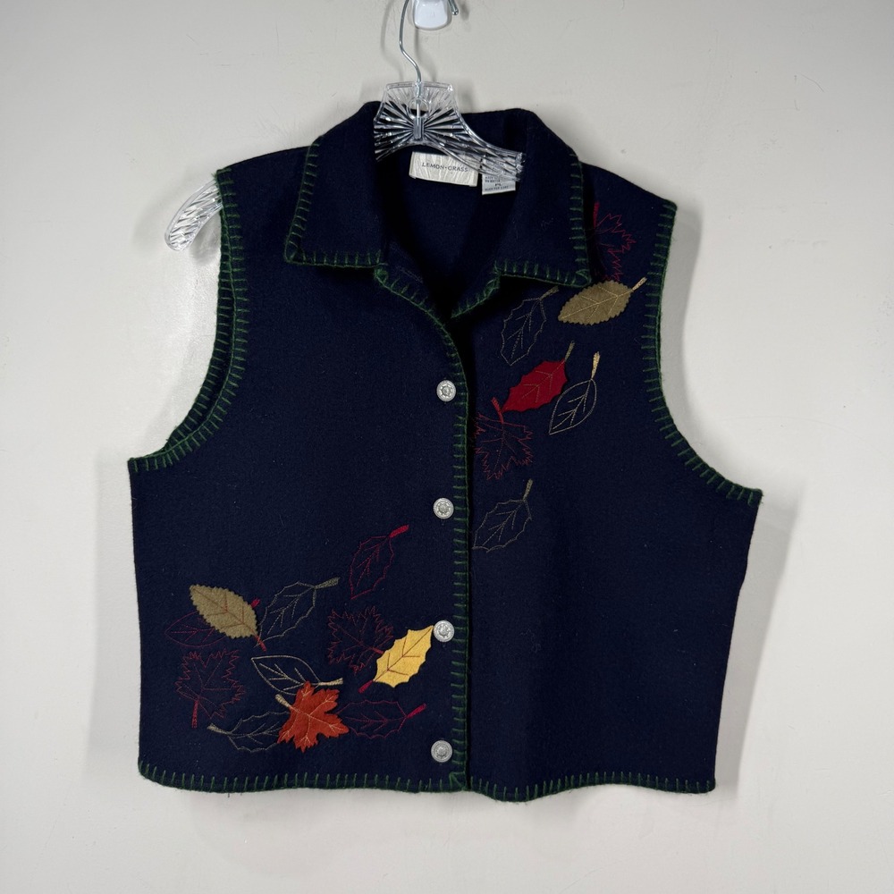Lemon Grass Navy Wool Blend Embroidered Blanket Stitch Autumn Leaf Vest Sz PL